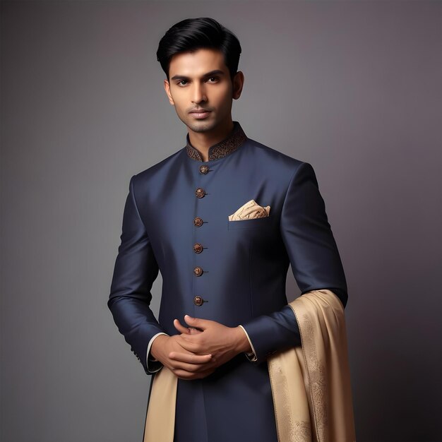 indian-male-model-wear-designing-shervani-elegance-look-cinematic-view-plain-background_714173-6101